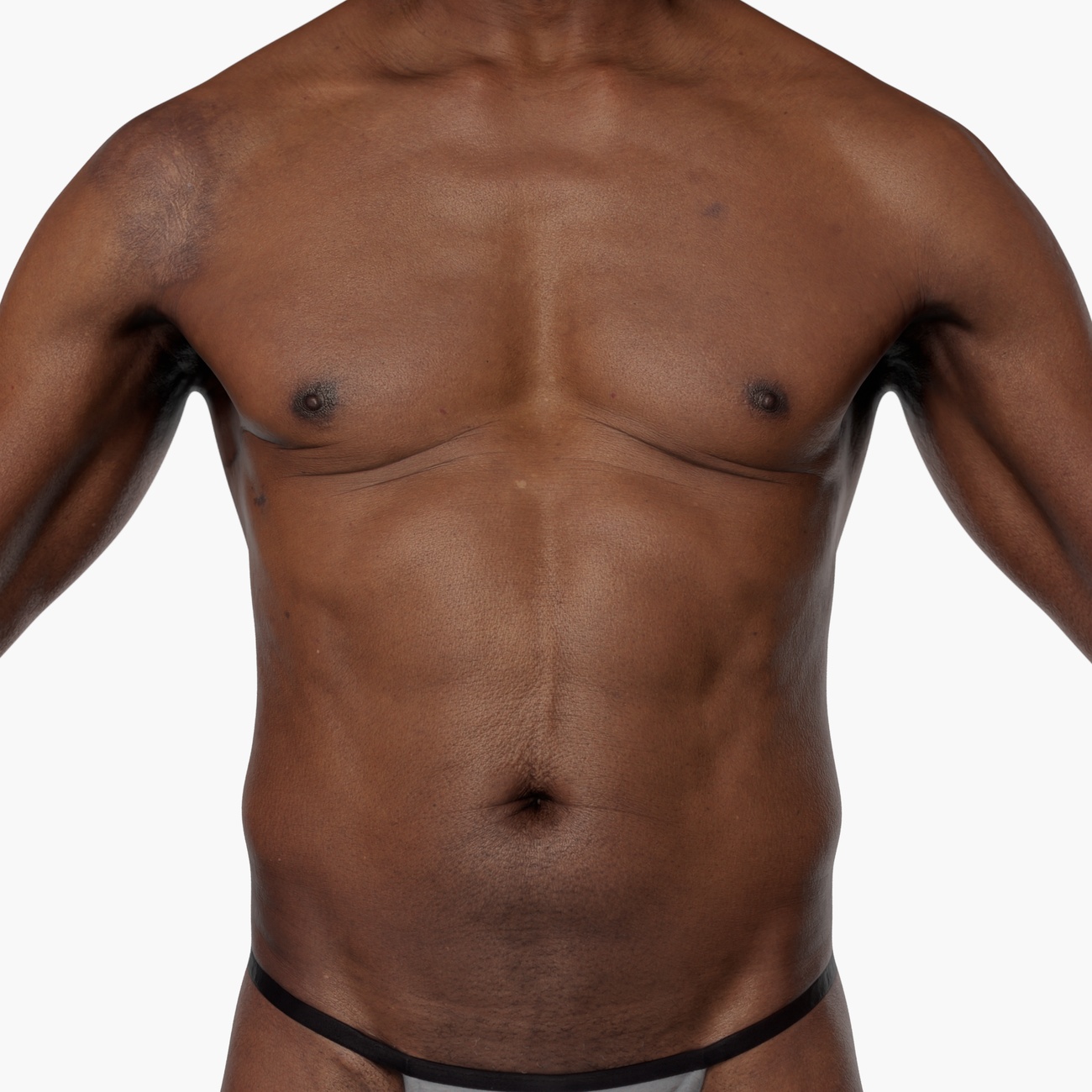 Zoomed torso render of a lean athletic male 3D scan showing skin surface detail and muscle definition